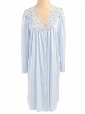 Vintage Vanity Fair Light Blue Silky Lace Trim Long Sleeve Robe Housecoat Size L